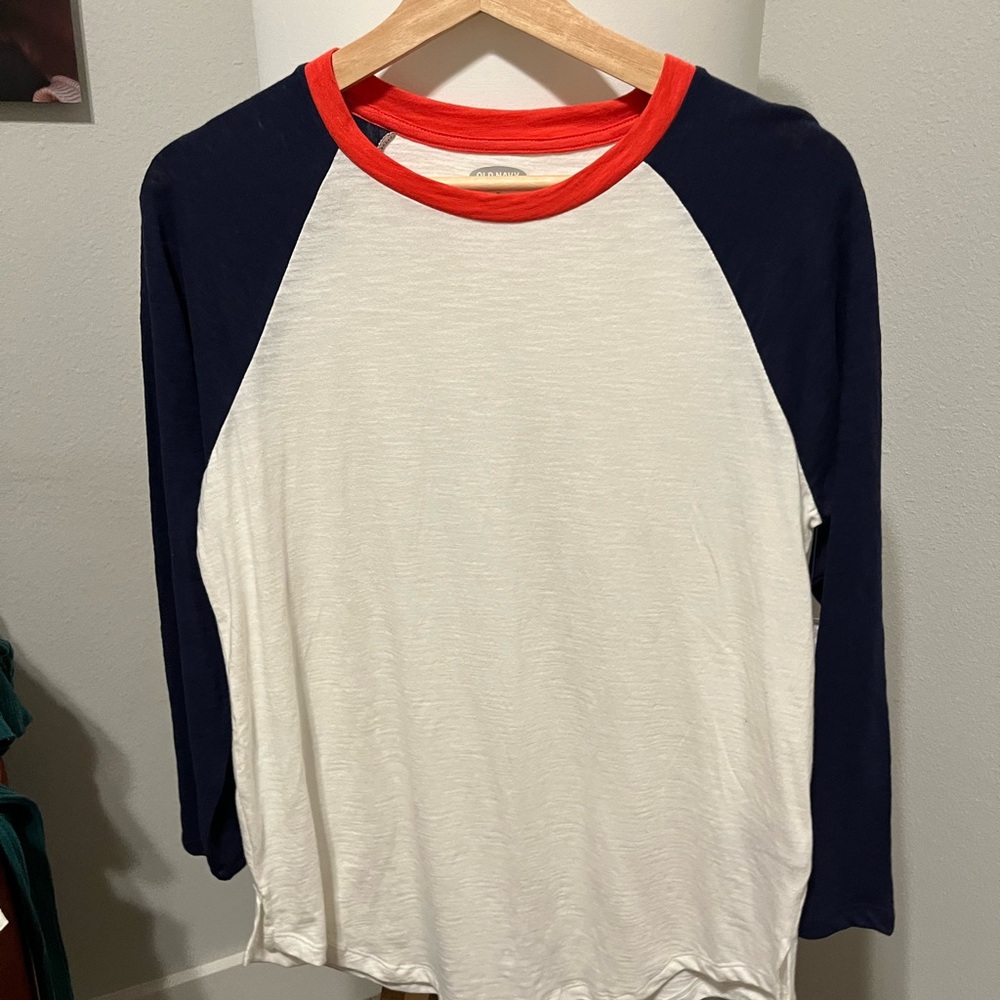 White Baseball Tee with Navy Raglan Sleeves and Red Collar